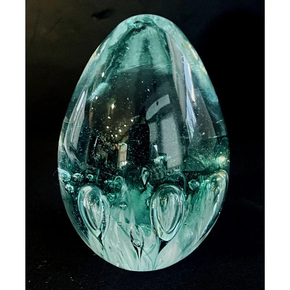Egg Shaped Green Clear Bullicante Bubble Art Glass Paperweight Signed Vince 94